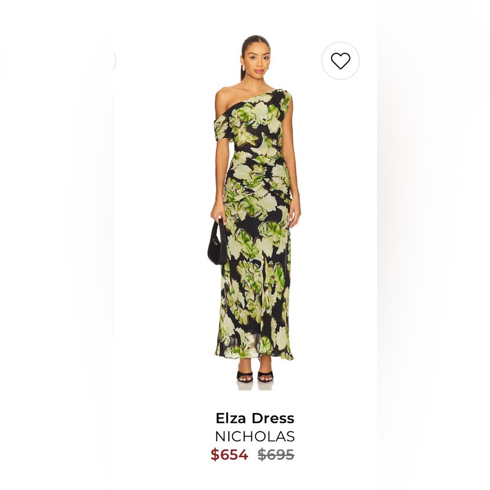 NICHOLAS One-Shoulder Black Dress with Green Floral Print